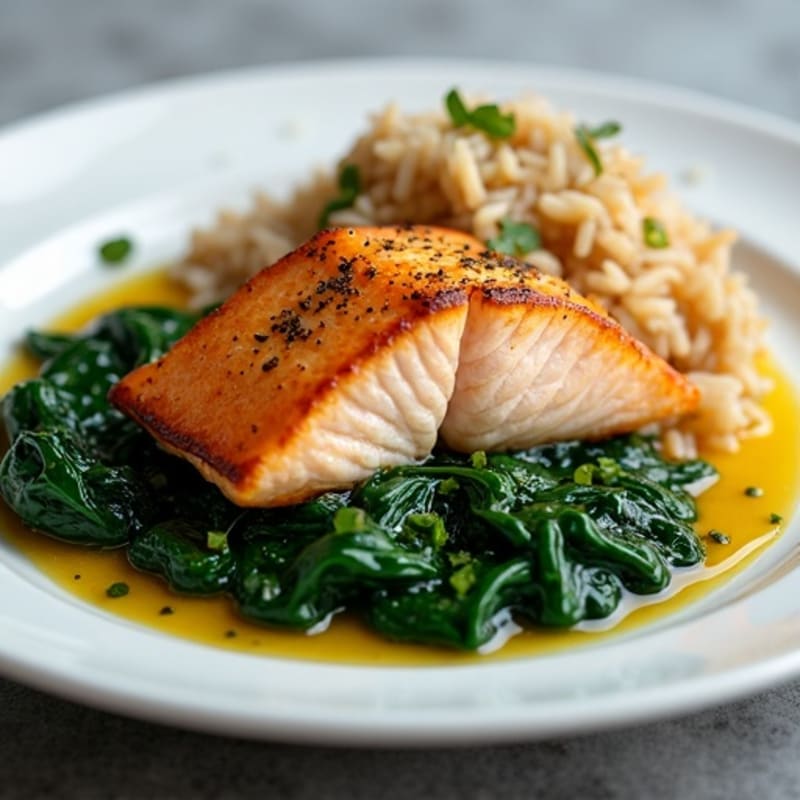 Seared Salmon with Garlic Sautéed Spinach and Brown Rice