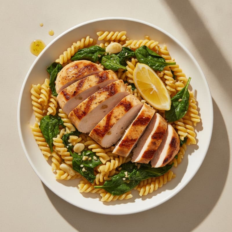 Grilled Chicken Breast over High-Protein Pasta with Spinach