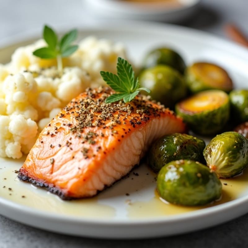 Baked Salmon with Roasted Brussels Sprouts and Garlic Mashed Cauliflower