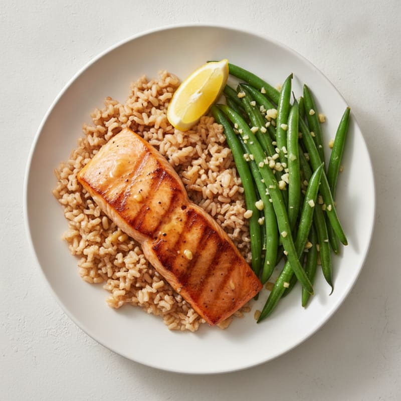 Seared Salmon Fillet with Garlic Green Beans and Brown Rice