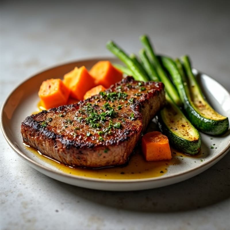 Herb-Crusted NY Strip with Roasted Sweet Potato and Garlic Zucchini