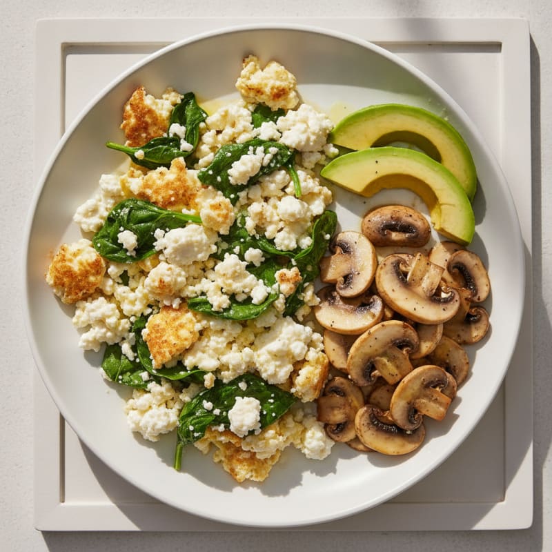 Egg White Spinach Scramble with Cottage Cheese and Sautéed Mushrooms
