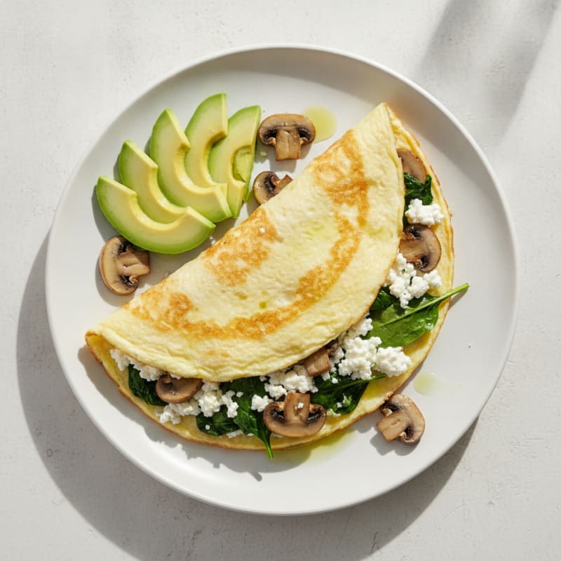 Egg White Spinach Omelette with Cottage Cheese and Sautéed Mushrooms
