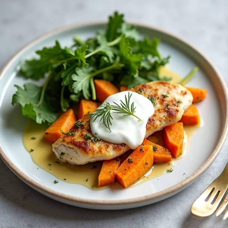 Creamy Herb Chicken with Roasted Sweet Potato and Greens