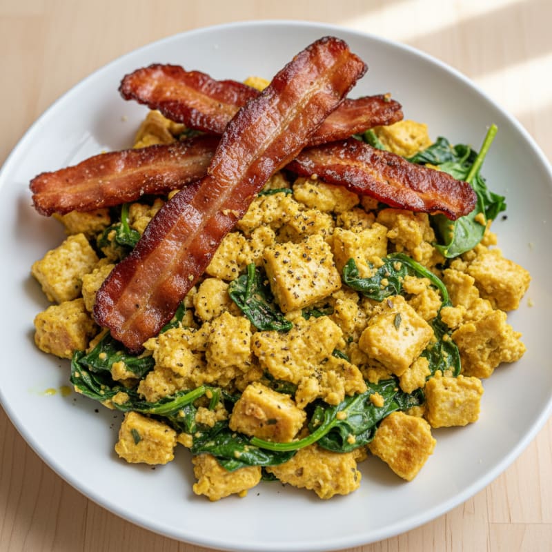 Creamy Tofu Scramble with Spinach and Tempeh Bacon