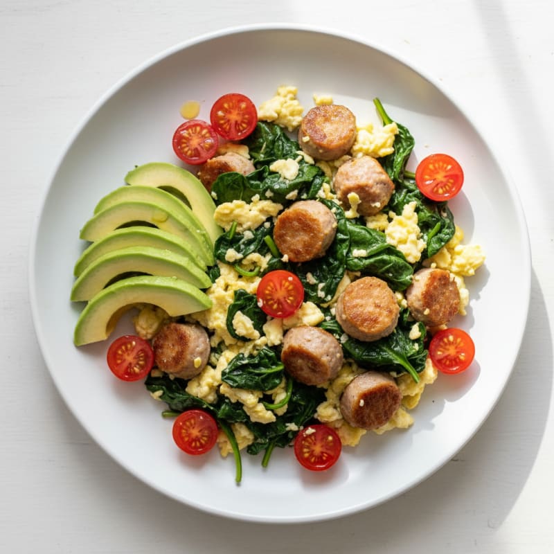 Egg White Scramble with Turkey Sausage and Sautéed Spinach