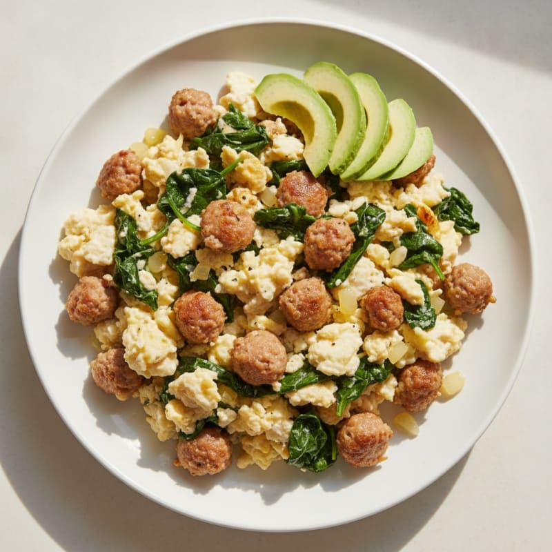 Egg White Scramble with Turkey Sausage and Sautéed Spinach