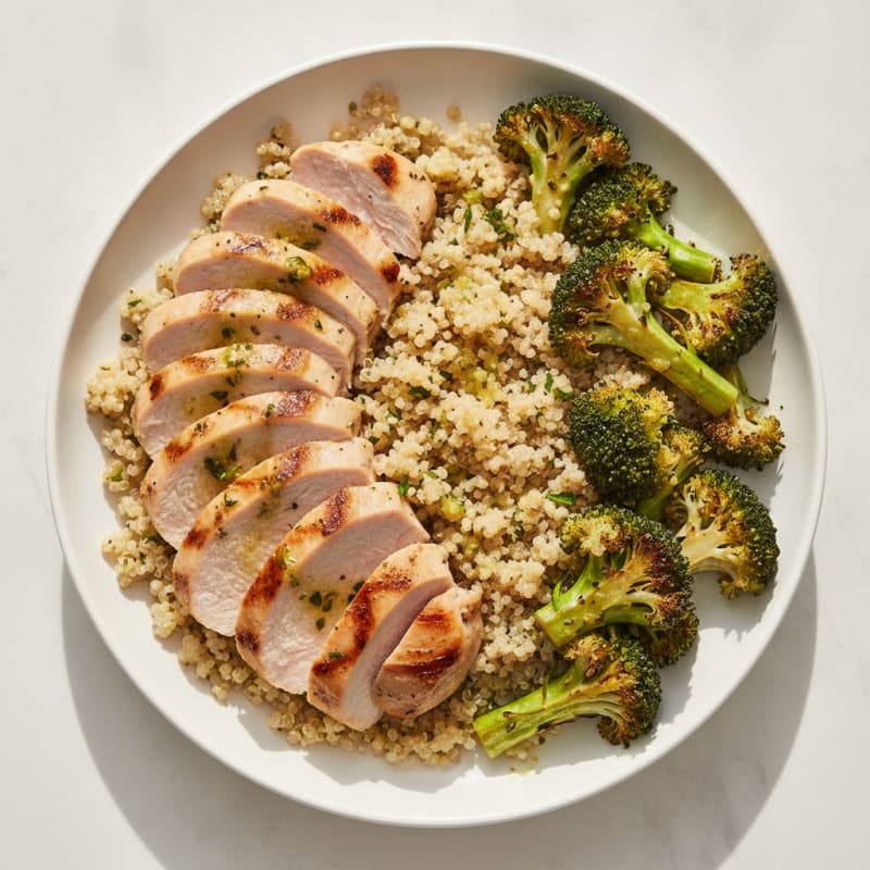 Grilled Turkey Breast and Quinoa Salad with Roasted Broccoli