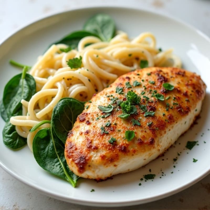 Pan-Seared Chicken with Creamy Alfredo Whole Wheat Pasta and Fresh Spinach