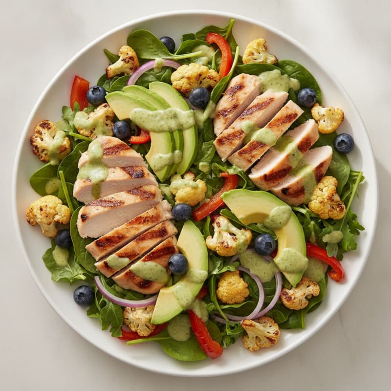 Grilled Chicken and Avocado Salad with Roasted Cauliflower and Peppers