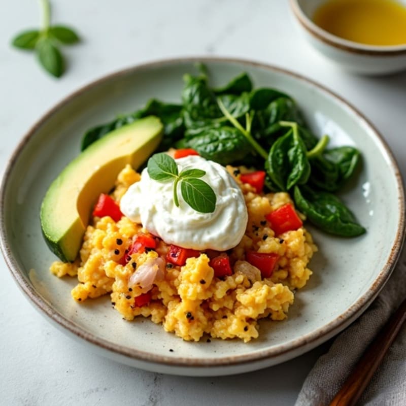 Egg White Veggie Scramble with Cottage Cheese and Sautéed Spinach