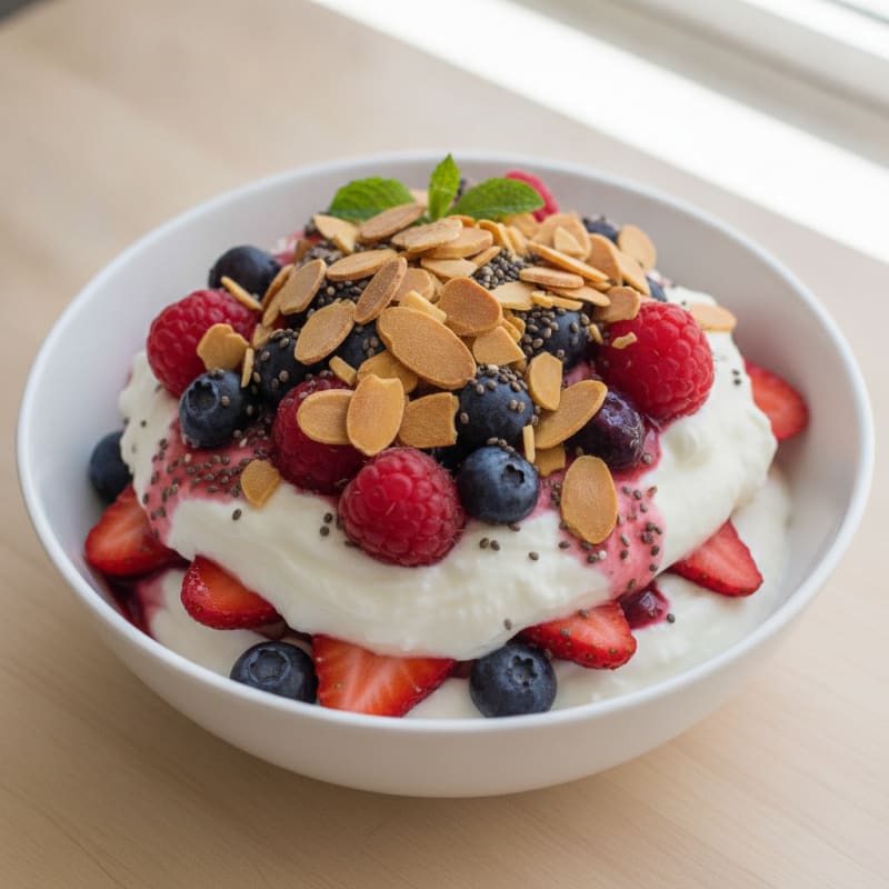 Greek Yogurt Protein Parfait with Mixed Berries and Almonds