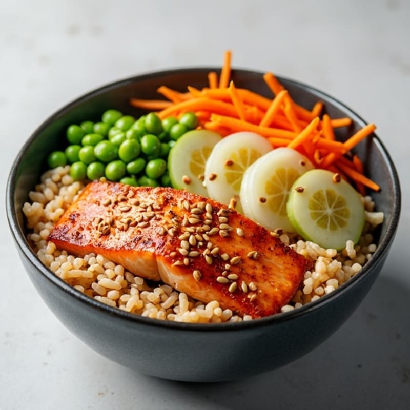 Sesame Salmon Brown Rice Bowl with Crunchy Vegetables
