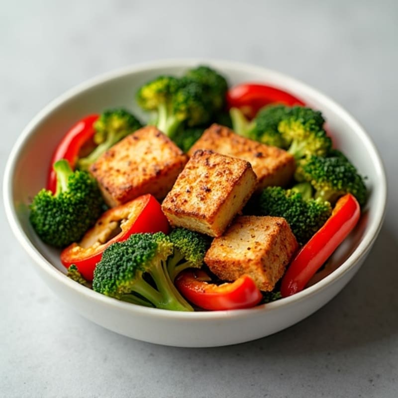 Crispy Baked Tofu with Roasted Broccoli and Bell Peppers