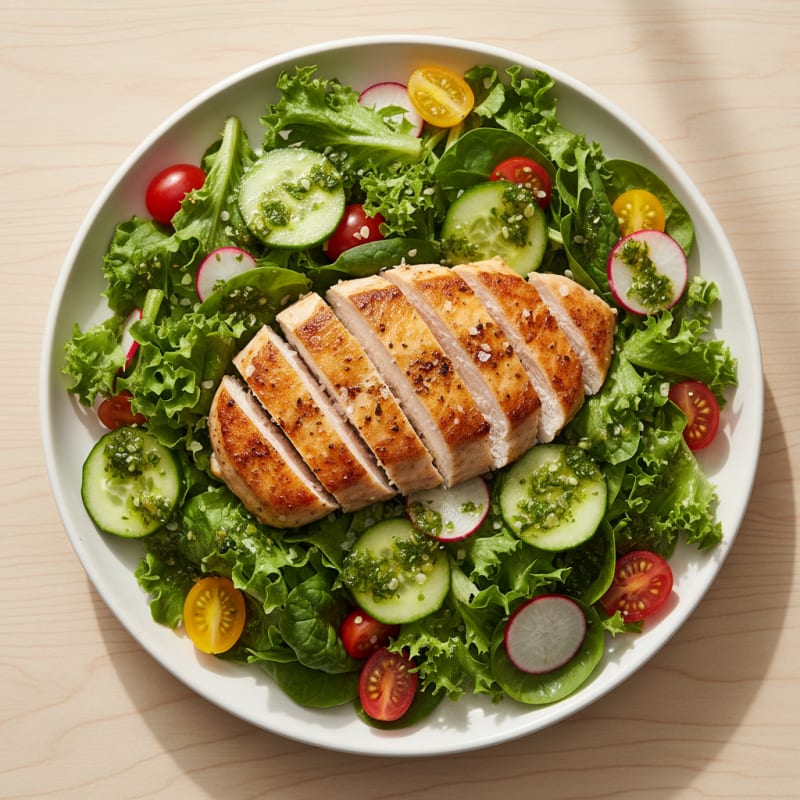Garden Greens with Herb Vinaigrette and Pan-Seared Chicken