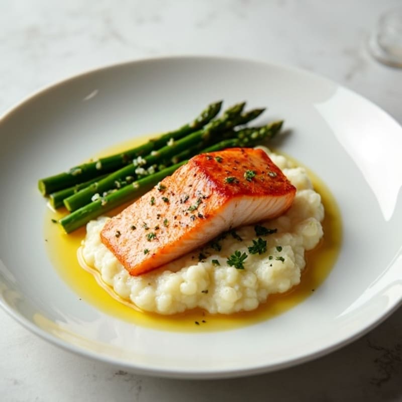 Seared Salmon with Steamed Asparagus and Cauliflower Mash