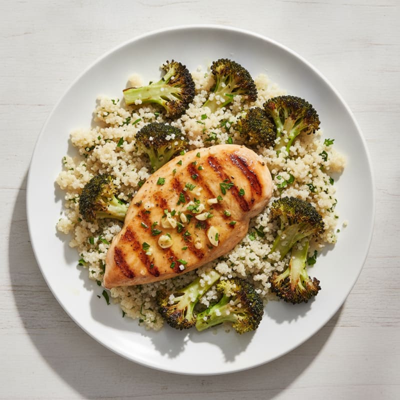 Grilled Lemon-Garlic Chicken Breast with Roasted Broccoli and Quinoa