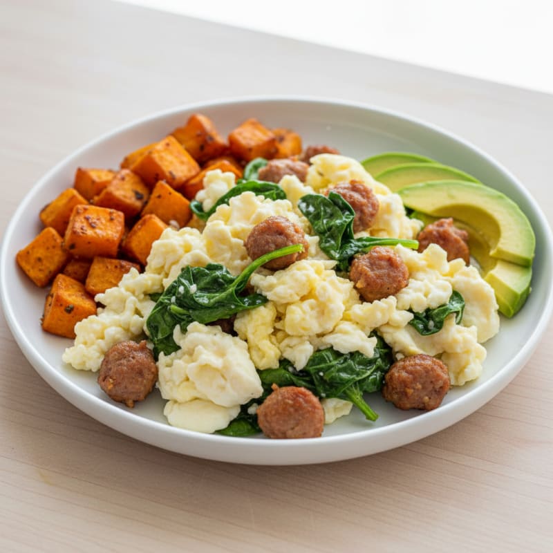 Egg White and Turkey Sausage Scramble with Roasted Sweet Potato