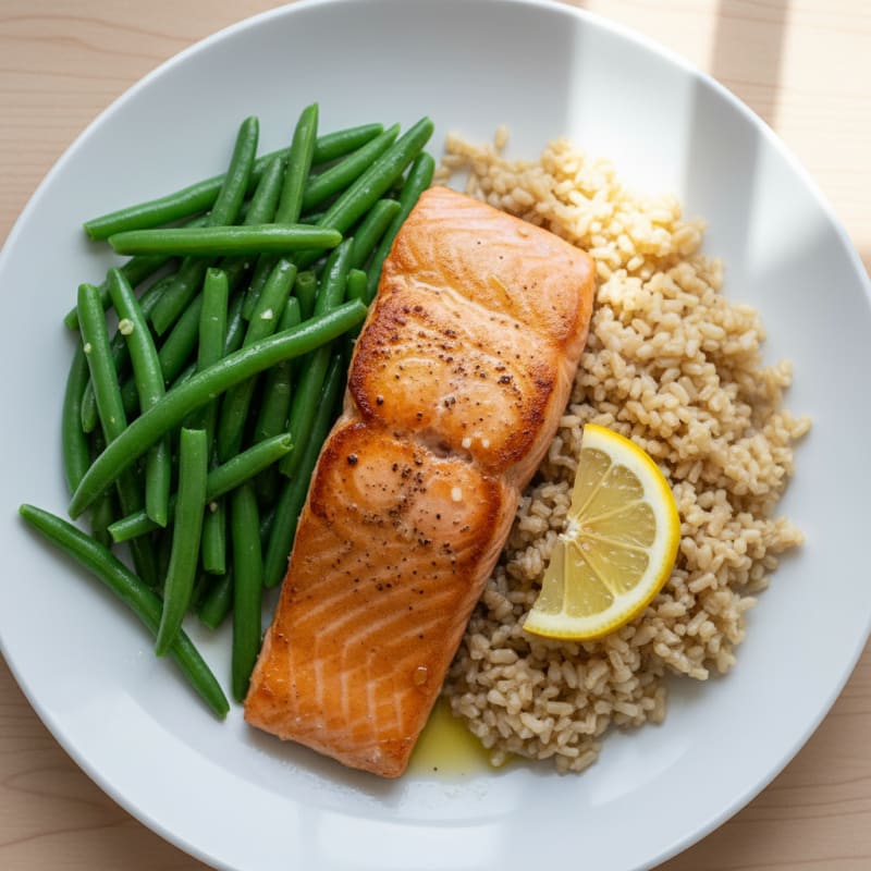 Seared Salmon Fillet with Steamed Green Beans and Brown Rice