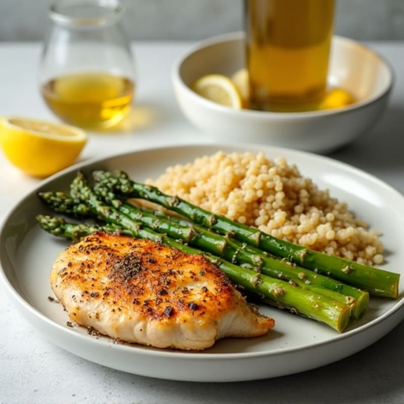 Lemon Garlic Pan-Seared Chicken with Roasted Asparagus and Quinoa