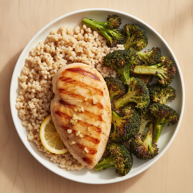 Grilled Chicken Breast with Brown Rice and Roasted Broccoli