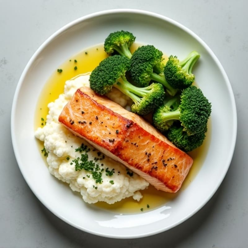 Seared Salmon with Steamed Broccoli and Garlic Cauliflower Mash