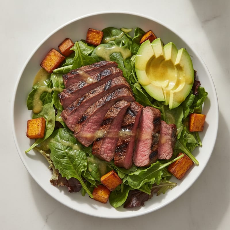 Grilled Steak Salad with Roasted Sweet Potatoes and Avocado