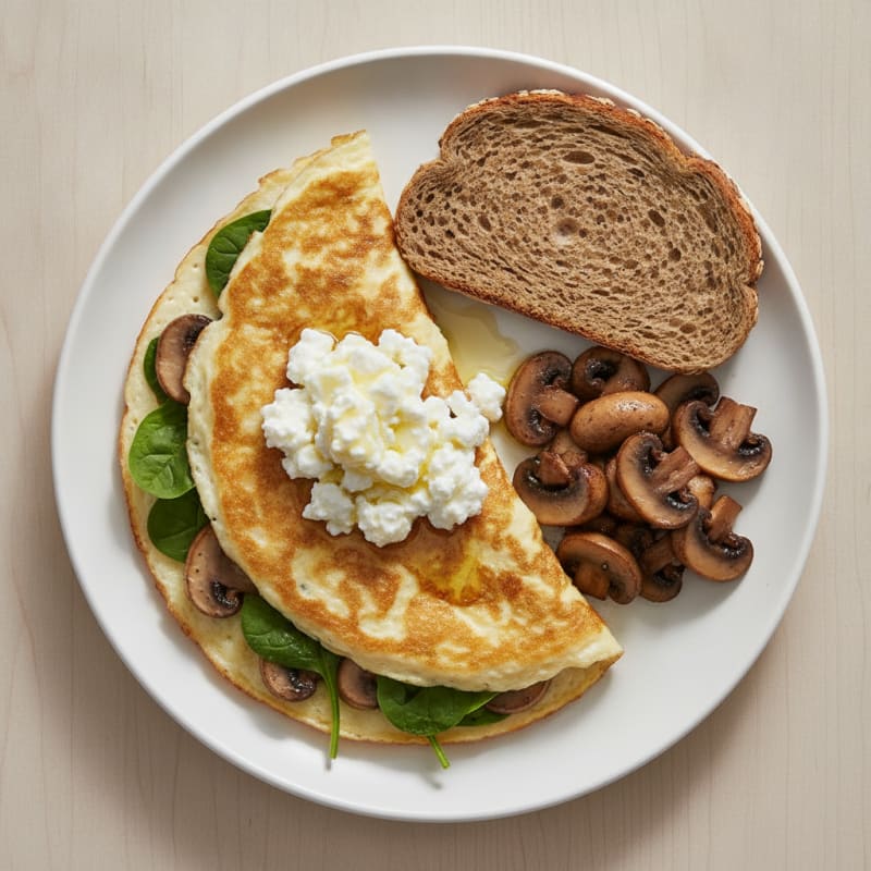 Egg White Spinach Omelette with Cottage Cheese and Sautéed Mushrooms