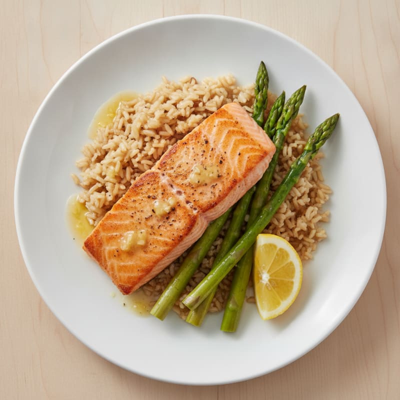 Seared Salmon Fillet with Steamed Asparagus and Brown Rice