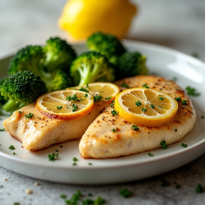 Lemon Garlic Pan-Seared Chicken Breast with Roasted Broccoli