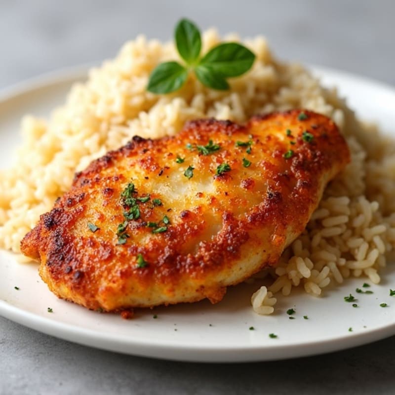 Crispy Pan-Seared Chicken with Fluffy Brown Rice
