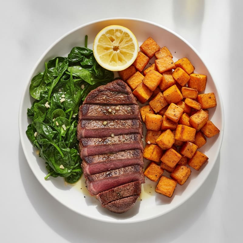 Grilled Steak with Roasted Sweet Potatoes and Sautéed Spinach