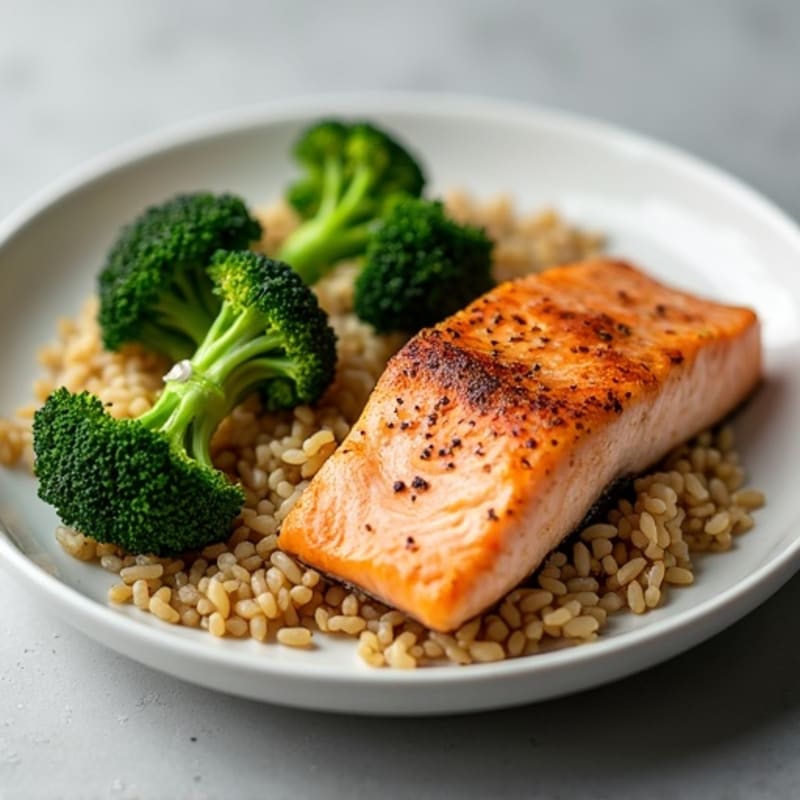 Seared Salmon with Roasted Garlic Broccoli and Brown Rice