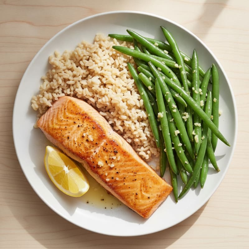 Seared Salmon with Garlic Green Beans and Brown Rice