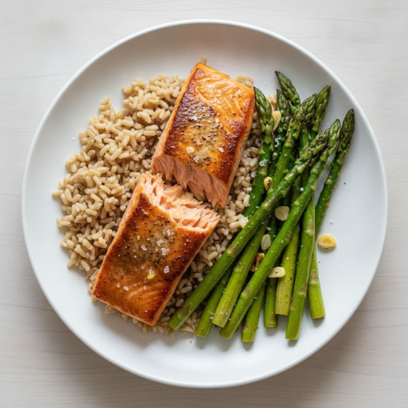 Seared Salmon with Roasted Asparagus and Brown Rice
