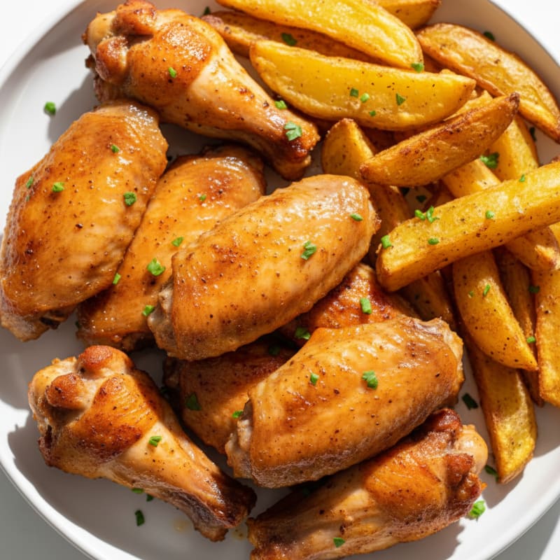 Baked Chicken Wings with Roasted Potato Fries