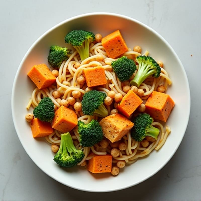Roasted Sweet Potato and Broccoli Pasta with Crispy Chickpeas and Tofu