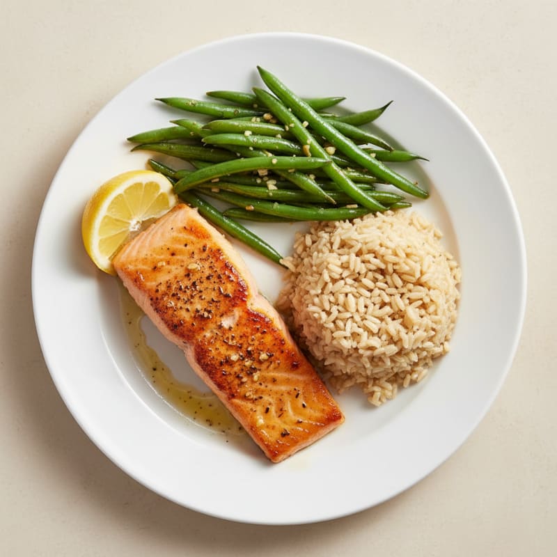 Seared Salmon with Garlic Green Beans and Steamed Brown Rice