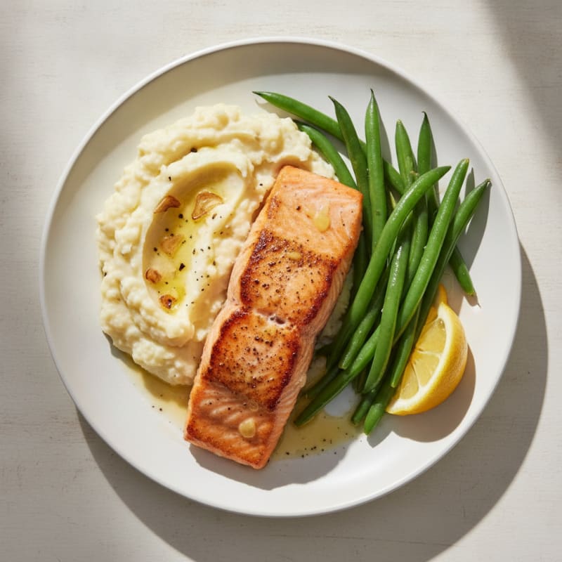 Seared Salmon with Steamed Green Beans and Garlic Mashed Cauliflower
