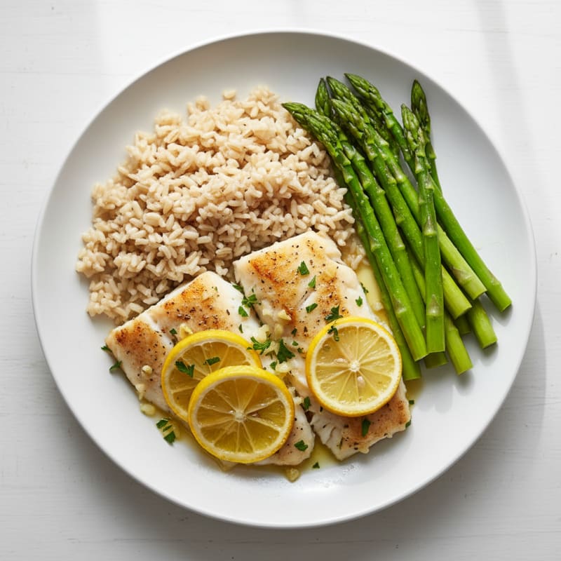 Lemon Herb Baked Cod with Steamed Brown Rice and Asparagus