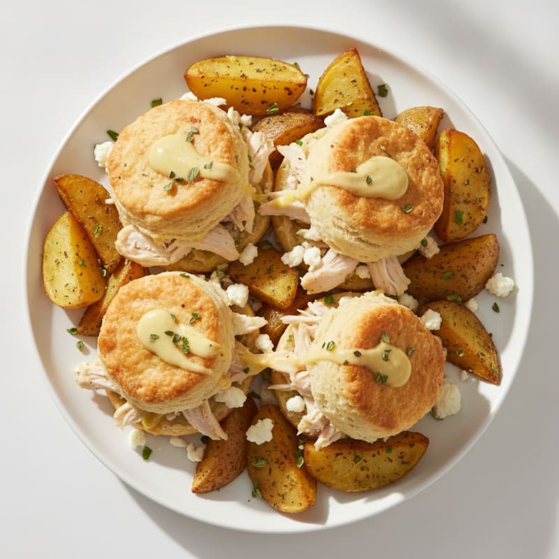 Chicken Feta Biscuit Bake with Roasted Potatoes