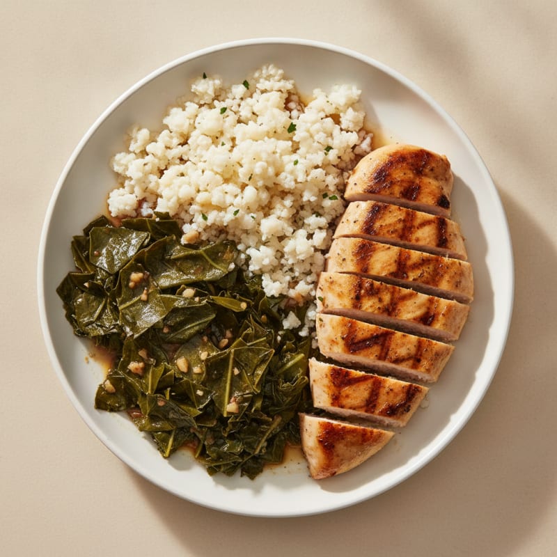 Grilled Chicken Breast with Cauliflower Rice and Collard Greens