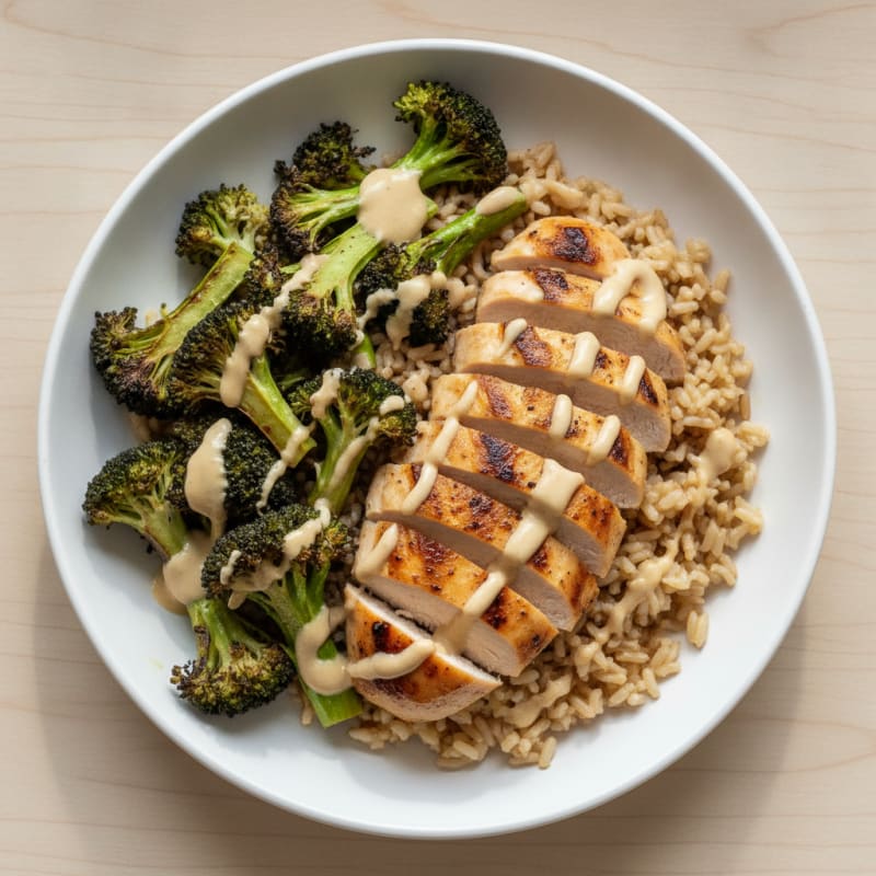 Grilled Chicken and Brown Rice Bowl with Roasted Broccoli and Lemon Tahini Drizzle