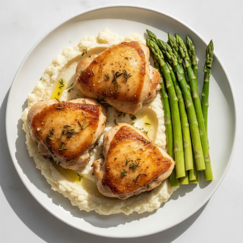 Herb-Seared Chicken Thighs with Steamed Asparagus and Cauliflower Mash