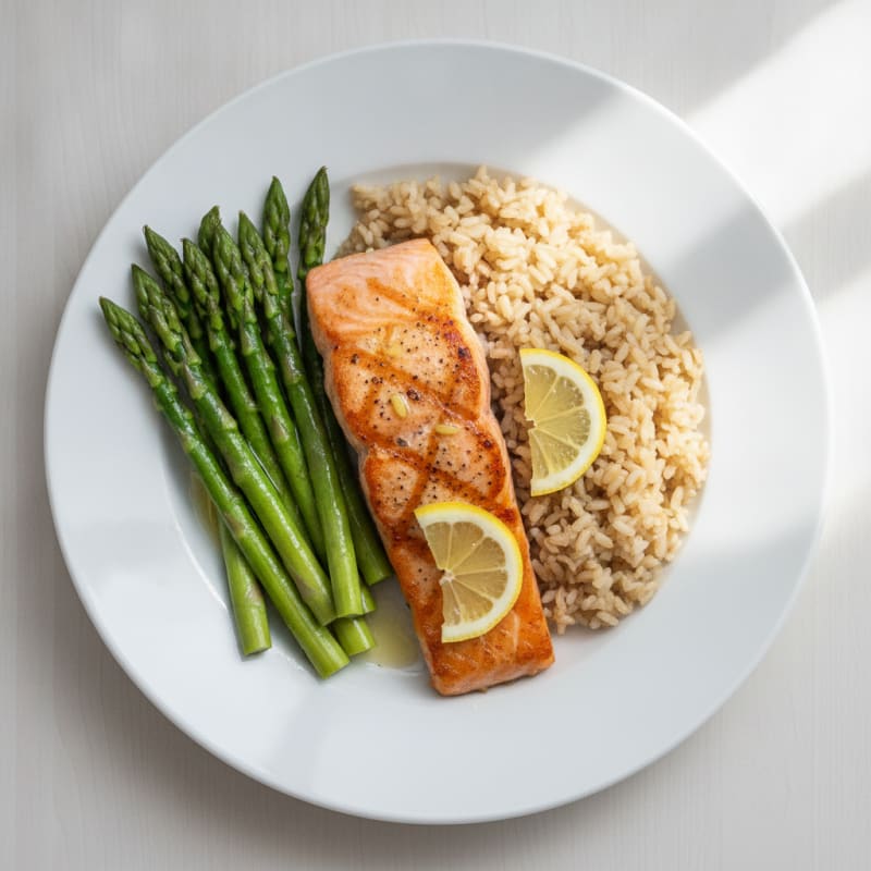 Seared Salmon with Steamed Asparagus and Brown Rice