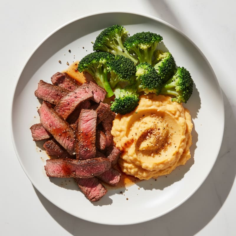 Seared Beef Strips with Steamed Broccoli and Sweet Potato Mash