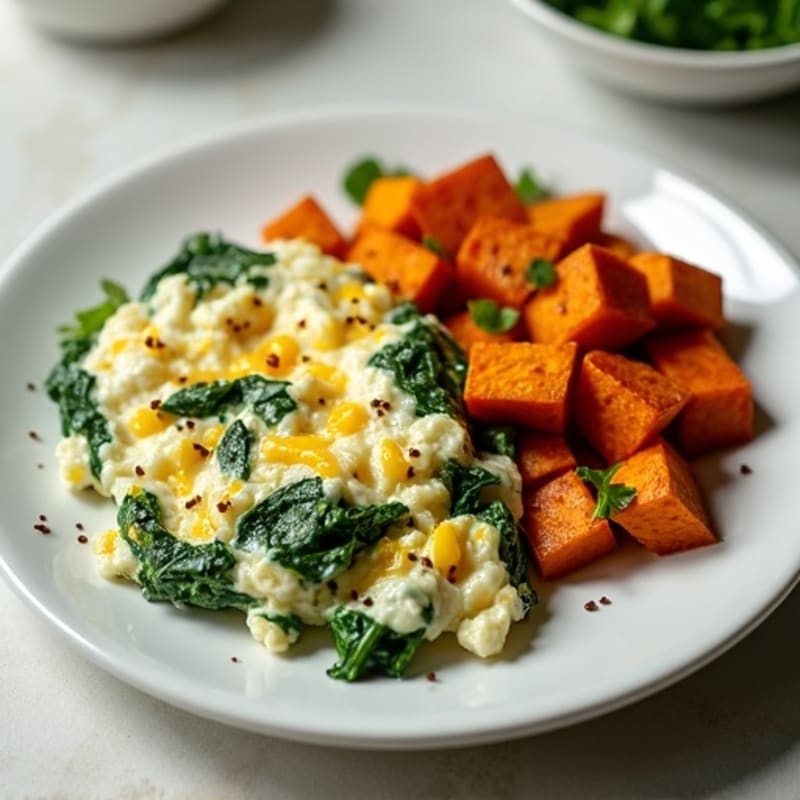 Egg White and Cottage Cheese Scramble with Spinach and Roasted Sweet Potato
