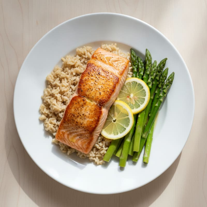 Seared Salmon with Steamed Asparagus and Brown Rice