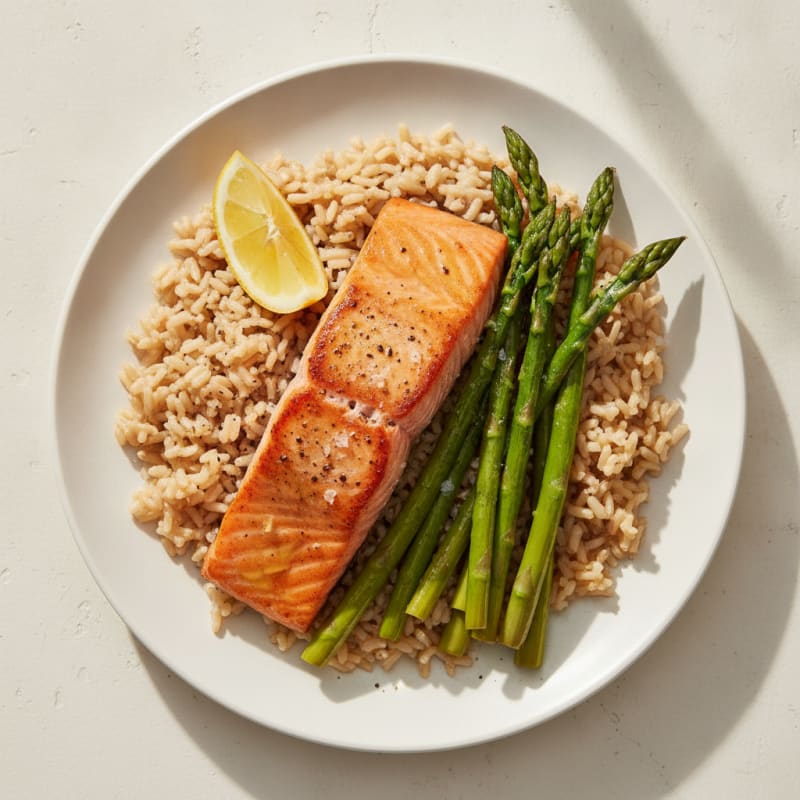 Seared Salmon with Steamed Asparagus and Brown Rice