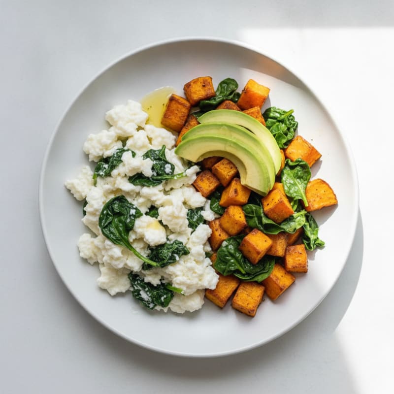 Egg White Scramble with Roasted Sweet Potato and Spinach